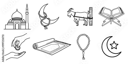 Hand-drawn vector icons featuring an Islamic icon set with a mosque, goat, rosary, and crescent moon in black line art style.