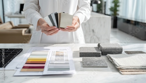 Interior Designer Holding Swatches for Home Renovation Project.