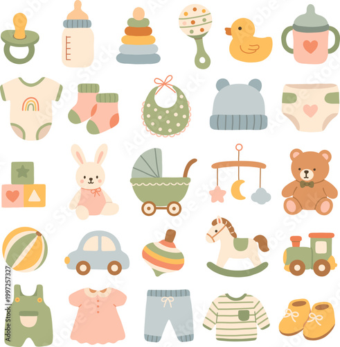 cute baby items icons set featuring toys clothes and accessories arranged on soft pastel background, perfect for nursery decor, baby shower design