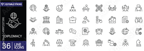 Diplomacy and international relations 36 icons set. Includes symbols of handshake, negotiation, global cooperation, peace talks, embassies, and agreements. Editable stroke. Vector illustration.