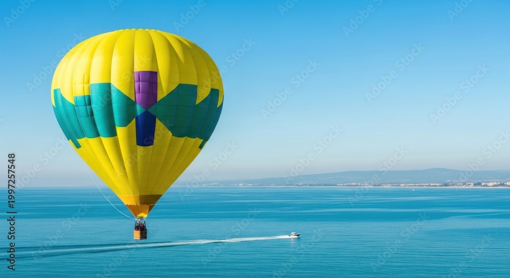 Fototapeta premium Vibrant hot air balloon soars above the tranquil blue sea.