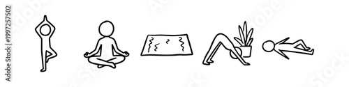Set of hand-drawn stick figure yoga poses and meditation icons on a white background. Includes tree pose, lotus, yoga mat, downward dog, and relaxation.