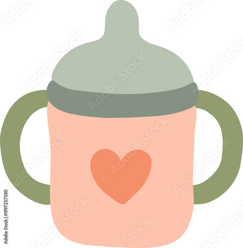 Cute baby sippy cup with heart design sitting on clean background perfect for nursery decor, product branding