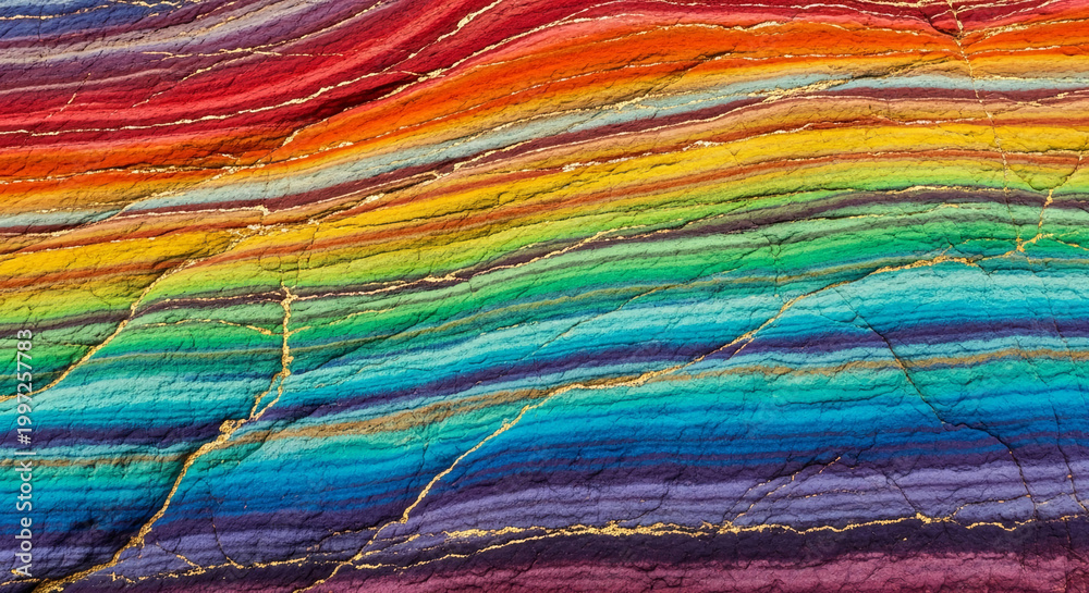 Naklejka premium Close-up of striated rock with vibrant rainbow-colored layers and thin gold veins, showcasing natural beauty and geological patterns, symbolic of diversity and unique formations