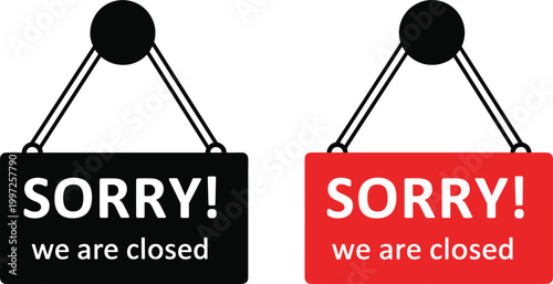 Sorry We Are Closed Hanging Sign Icon in Black and Red for Business Notice, Shop Door Label, Store Closure Announcement, and Retail Information Design