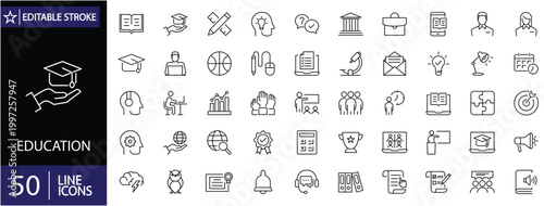 Education 50 icons set. Includes symbols of learning, books, graduation, school, teacher, classroom, and academic tools. Editable stroke. Vector illustration. Outline icons.