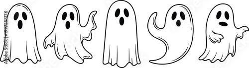 Ghost Character Set in Outline Style with Cute and Spooky Expressions for Halloween Design, Cartoon Illustration, and Festive Holiday Graphics