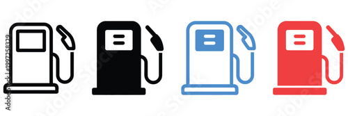 gas pump icons set of four isolated vector illustrations in different styles showing fuel station petrol and energy symbols for transportation and industry design.