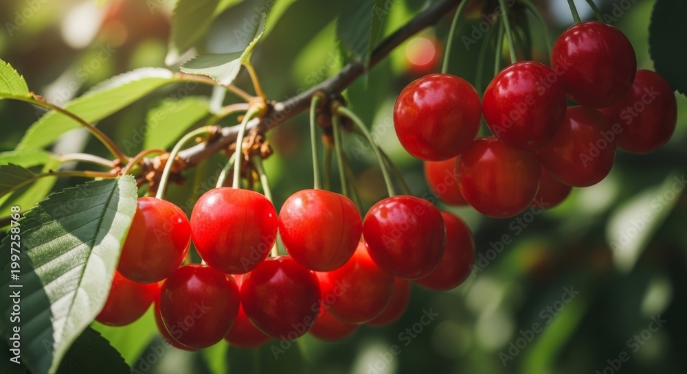 Fototapeta premium Bright Red Cherries Hanging on a Branch