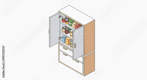 The illustration shows a cutaway view of a refrigerator with its doors open revealing various food items and shelves inside a kitchen appliance.