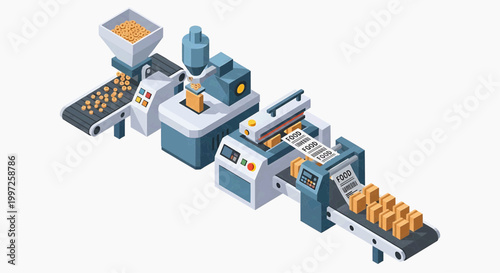 Manufacturing process of packaged goods on an industrial production line with machines