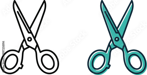 Scissors Icon Set in Outline and Colored Style for Cutting Tool, Office Supplies, Craft Design, and School Equipment Graphic Elements