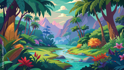 Colorful tropical jungle landscape with a flowing river and exotic plants under a bright sky in a cartoon art style Vector