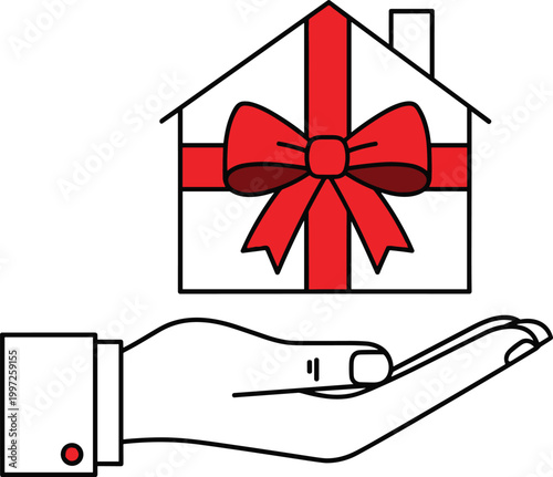 Gift House Icon with Hand Holding Home and Ribbon Bow for Real Estate Present Concept, Property Investment, and Home Ownership Design