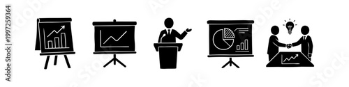 Set of hand-drawn business icons featuring presentation charts, a speaker at a podium, and professionals shaking hands with a lightbulb idea, representing success and collaboration.