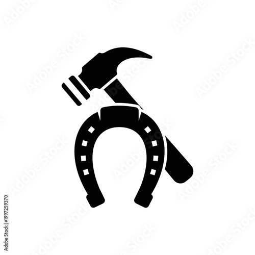 Black silhouette of a hammer resting on a horseshoe, representing craftsmanship and luck.