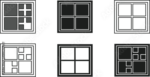 Window Layout Icon Set with Grid Variations and Pane Designs for Interface UI, Architecture Concepts, and Modern Vector Graphic Elements