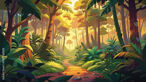 Beautiful lush tropical jungle forest path with bright golden sunlight shining through the tall palm trees at morning time Vector