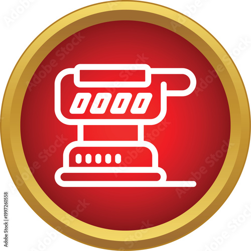 Orbital sander woodworking tool icon on a red and gold button