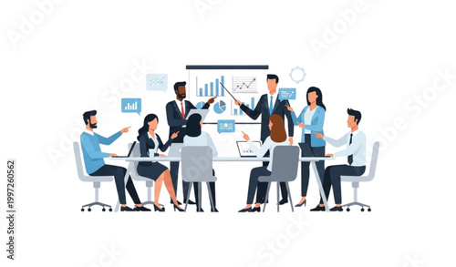 Business teamwork meeting collaboration with professionals and strategy planning flat vector illustration