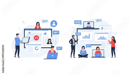 Remote business teamwork collaboration with digital communication and office professionals vector illustration
