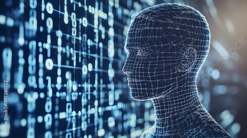 Wireframe human head against digital binary code background