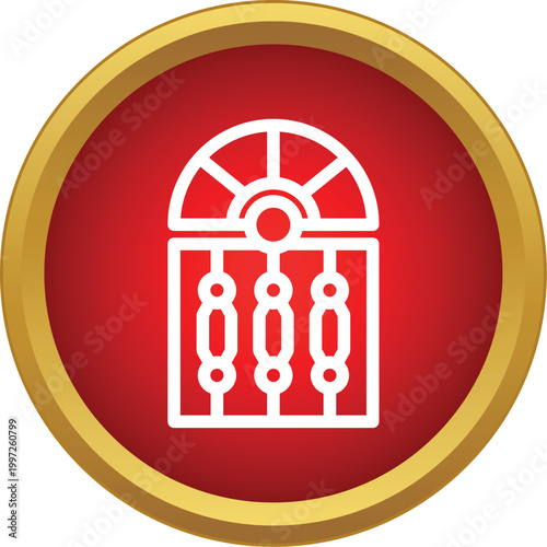 White outline of a classical arched window with balusters inside a red circle button