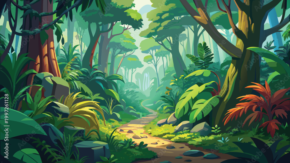 Fototapeta premium A beautiful path through a lush green tropical jungle forest with sunlight shining through the dense trees and plants Vector