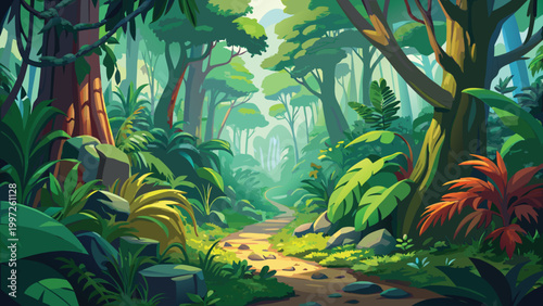 A beautiful path through a lush green tropical jungle forest with sunlight shining through the dense trees and plants Vector