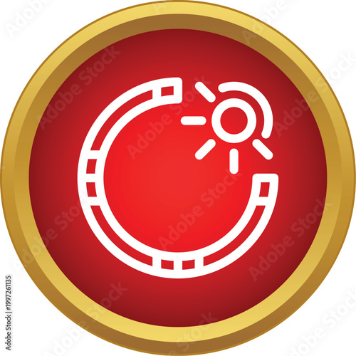 White sun and curved timeline outline on a red circular button