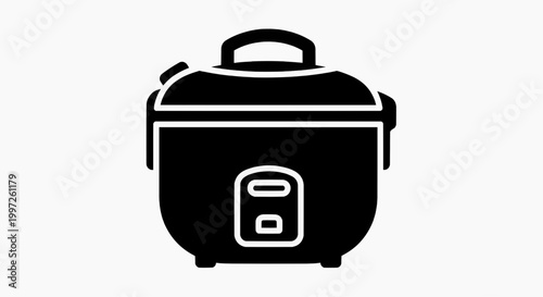 Black and white silhouette of a modern electric rice cooker with a handle and control panel