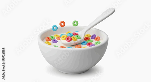 Bowl of colorful cereal rings with a spoon, floating in milk, and healthy breakfast food
