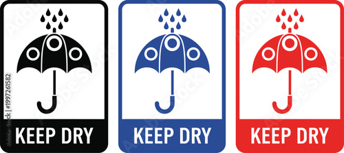 Keep Dry Label Set with Umbrella and Rain Icon in Black, Blue, and Red for Packaging, Shipping, Storage, and Handling Instructions Design