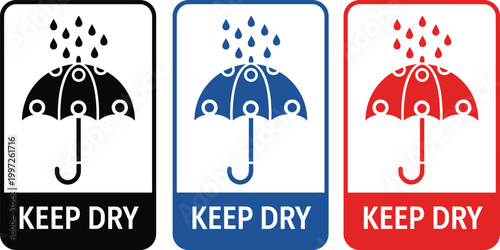Keep Dry Packaging Label Set with Umbrella and Rain Symbol in Multiple Colors for Shipping, Logistics, Storage, and Handling Instruction Design