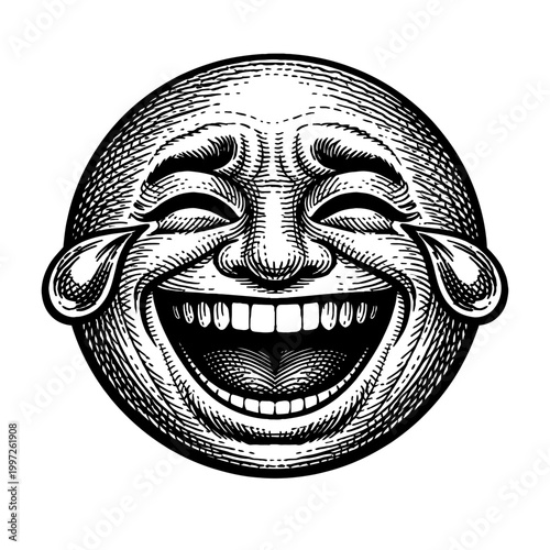 A black and white illustration of a laughing face with tears of joy, depicting a comedic expression with a wide smile and closed eyes, conveying happiness and amusement in a vintage engraving style.