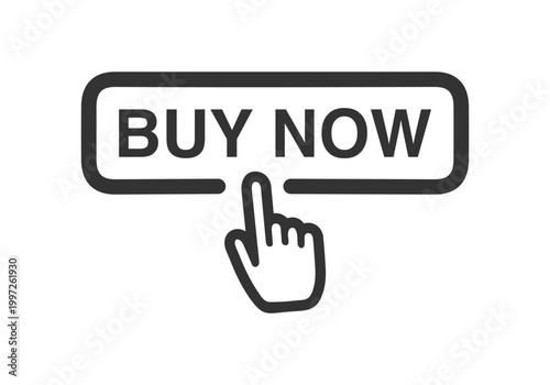 Buy now button with hand cursor. Shop now hand pointer clicking. Online shopping. Vector illustration.