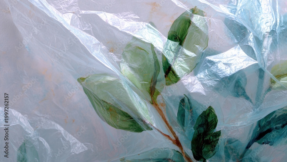 Obraz premium Delicate Green Leaves Encased in Translucent Plastic Sheeting.