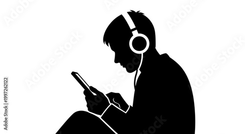 Man wearing headphones using smartphone.