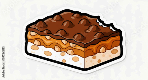 Delicious chocolate cake slice on a plate, served with nuts and caramel sauce indoors up close