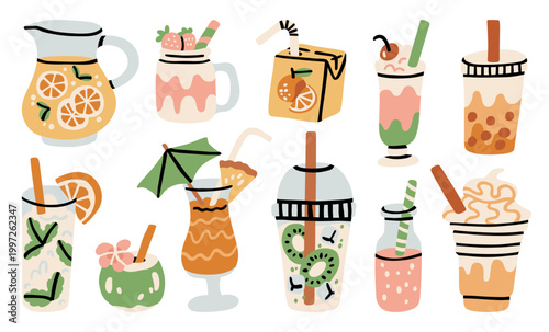 Drink collection, summer beverage illustration set