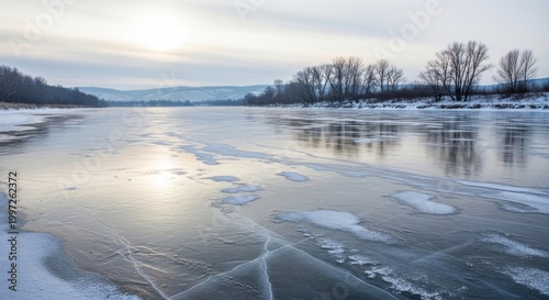 Frozen River Surface With Shimmering Ice and Cracks
