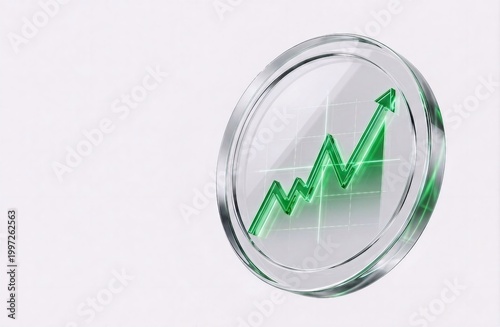 Minimalist 3D rendering of a floating transparent glass digital asset coin with an embedded glowing green upward growth graph on a plain white background
