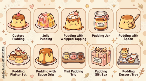 A charming collection of cute kawaii-style illustrations featuring various delightful pudding desserts, each with its own unique presentation and toppings.