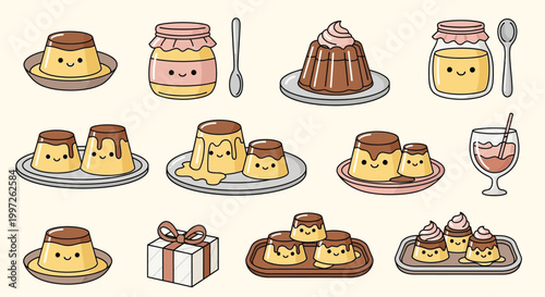Adorable Kawaii Puddings and Desserts with Cute Faces, Perfect for Sweet Treat Lovers.