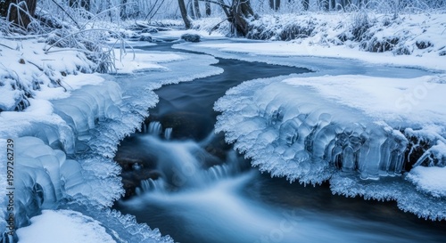 Frozen Stream with Intricate Ice Formations in Winter Landscape