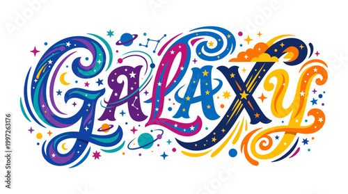 Vibrant colorful galaxy word art with swirling patterns and stars on a white background