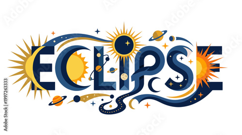 The eclipse event features celestial bodies in space with sun planets and stars