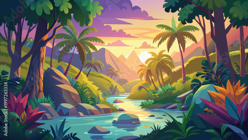 Beautiful tropical jungle landscape with a calm river flowing through palm trees and lush greenery during a colorful sunset Vector