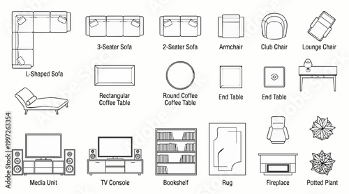 Top view architectural living room furniture symbols set. 2D CAD plan vector icons for interior design and floor plans
