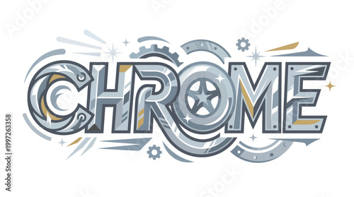 Shiny metallic word art with gears and stars, evoking a sense of industrial strength and modern design.